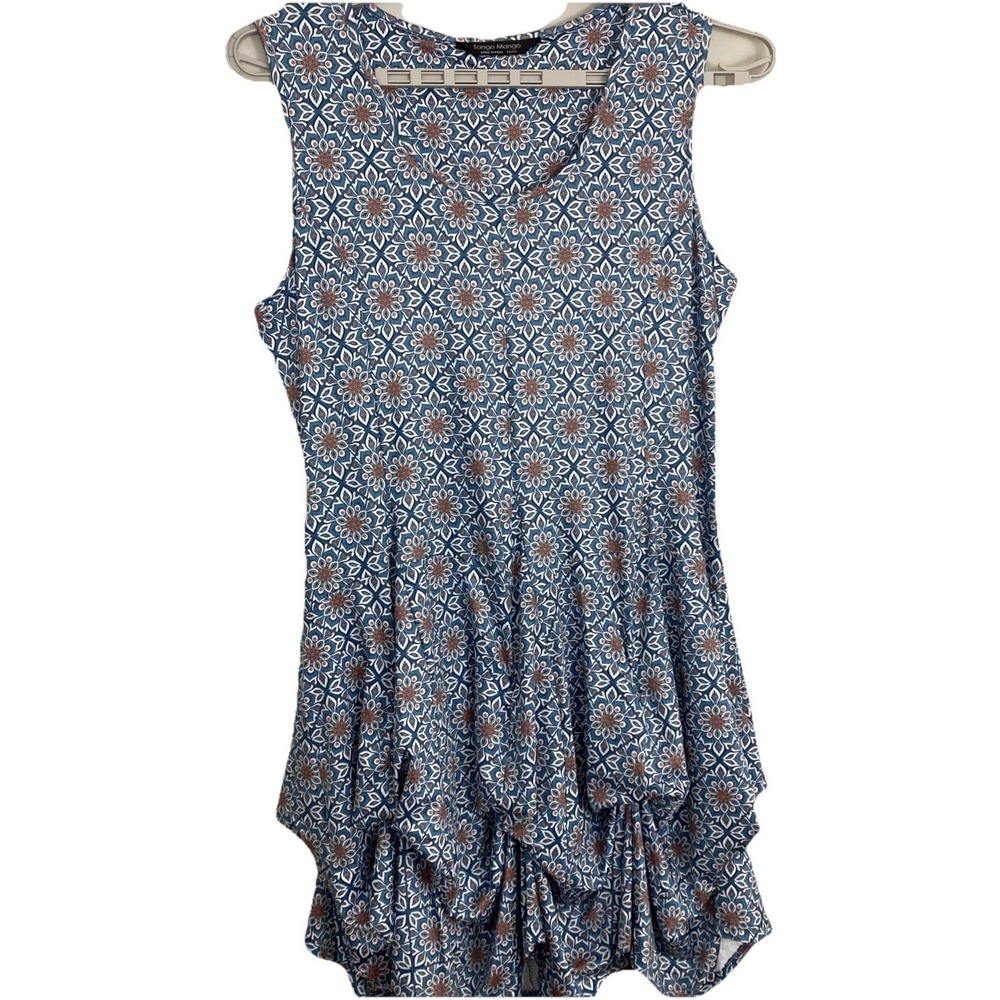 Tango Mango Dress XL Blue Floral Print Tiered Hem Sleeveless Bustled Beachy Boho